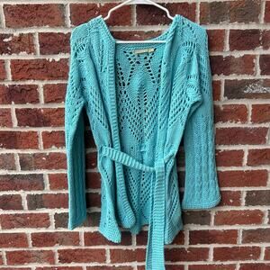 Relais Open Knit Belted Cardigan Sweater Teal Small